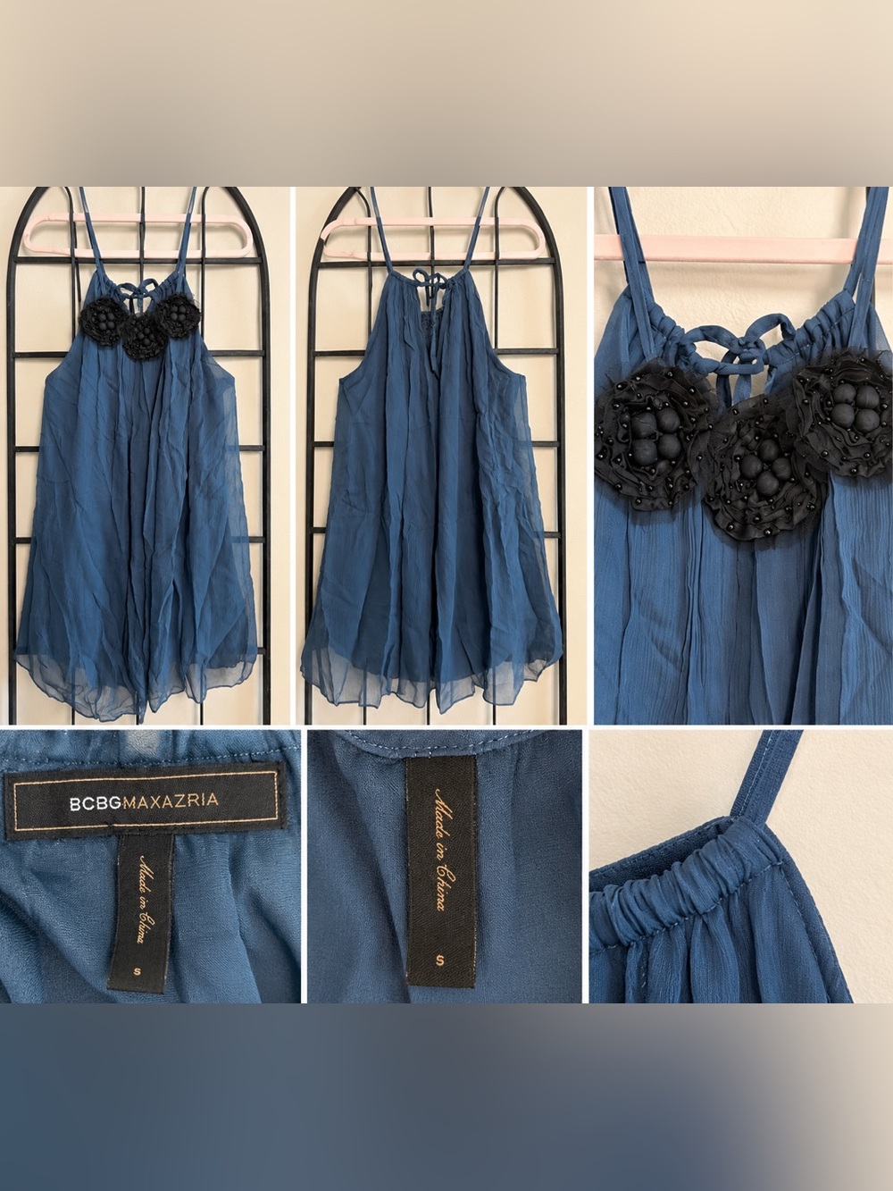 BCBGMAXAZRIA Women S Blue Chiffon Dress Black 3D Floral Applique Beaded